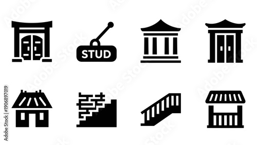 Architectural design icons: greek temples, staircases, gates, and more