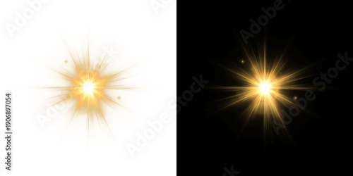 Bilde på lerret Bright yellow light spark explosion with glowing rays and golden starburst effec