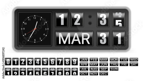 Retro Mechanical Flip Clock and Calendar with Turning Minutes, Analog Clock, Split-Flap Rotating Date and Month Display, Vintage Timekeeping Vector Illustration