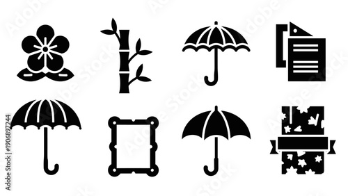 Minimalist umbrellas and nature icons in bold black design