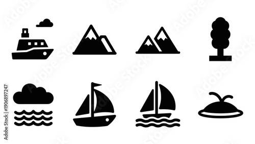 Minimalist nature and travel icons: mountains, boats, and trees in black silhouette style
