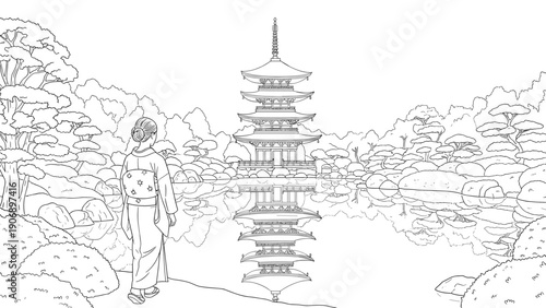 Traditional japanese landscape with woman in kimono and pagoda reflection