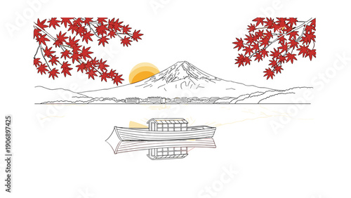 Tranquil autumn landscape with red maple leaves and mountain reflection at sunrise