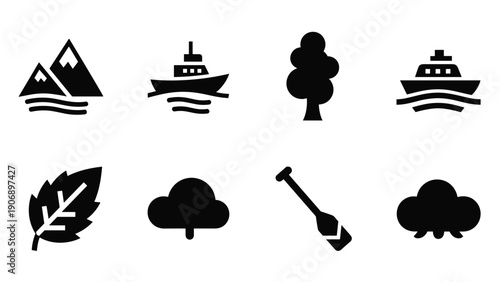 Simple nature and travel icons featuring mountains, boats, trees, and leaves