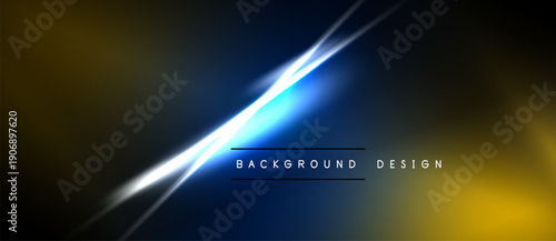 Dark abstract background. Diagonal light streaks intersect. Gold, blue hues create dynamic visual effect. Text reads background design.