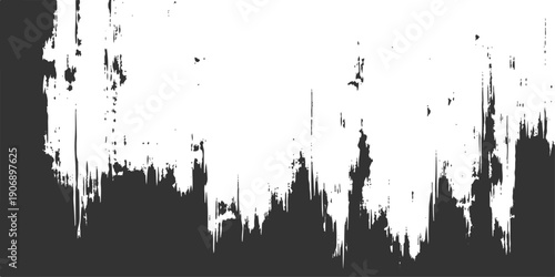 An abstract black ink vector illustration featuring a grunge paint splatter texture with a dirty city skyline silhouette border