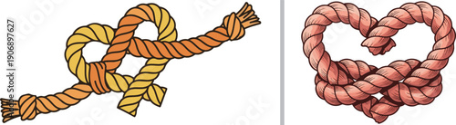 A rustic vector set featuring nautical ropes intricately tied into heart shapes, symbolizing love, strength, and a "tying the knot" maritime theme in warm orange and pink tones.