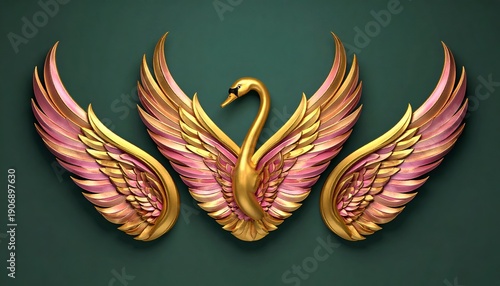 Golden swan with ornate pink and gold wings on a dark green background