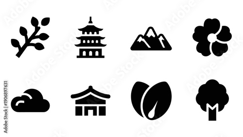 Minimalist japanese icons collection: nature, architecture, and culture symbols
