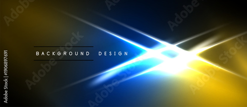 Abstract background features vibrant blue, yellow light streaks. Central bright glow creates dynamic visual effect. Modern design element.