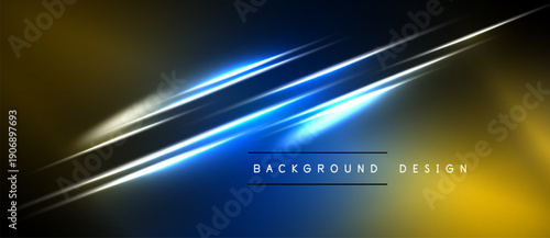 Abstract background features dynamic light streaks. Blue, gold, white gradients create modern visual effect. Minimalist design elements present.