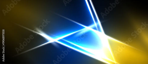 Abstract light streaks intersect, creating bright energy. Blue, gold hues dominate dark background. Dynamic composition, modern aesthetic.