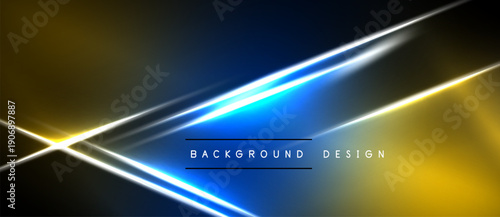 Abstract background features dynamic lines, vibrant blue, gold hues. Dark areas contrast bright neon effects, creating modern aesthetic.