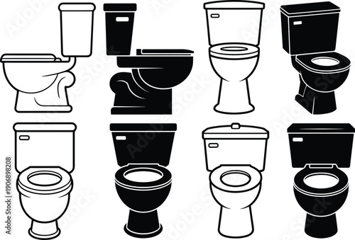 Set of eight black and white toilet illustrations in simplified graphic style, showcasing different models for plumbing, design, and architectural reference