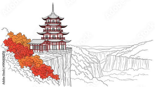 Traditional japanese temple amidst autumn foliage on a cliff edge