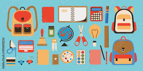 Colorful flat lay of school supplies including backpacks books and stationery