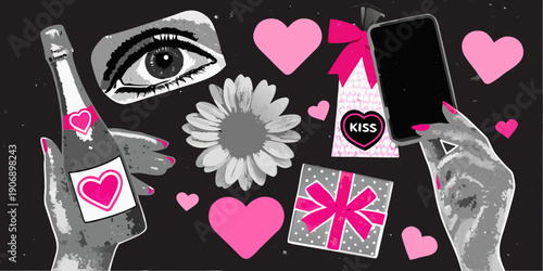 Collage of hearts champagne an eye and a hand holding a phone
