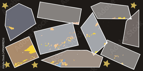 Abstract arrangement of fragmented shapes with stars on a black background