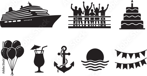 Set of vector icons featuring ship and boat silhouettes for sea travel, cruise transport, and nautical vessel illustrations including yachts, sailboats, and cargo tankers in a marine design style