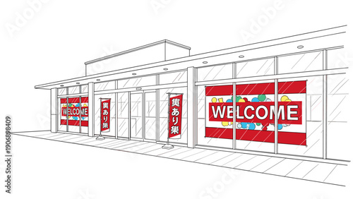 Modern storefront with bold welcome signs and japanese text in linear design