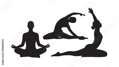 Silhouettes of people practicing yoga and meditation, representing wellness, fitness, and mindful living in a minimalist design.