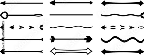 Diverse arrow icons Collection with extra arrow head and tail, flat vector set for navigation direction and user interface design.