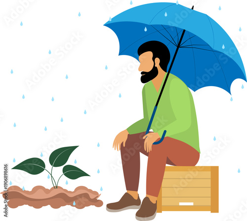 People on a farm. A man is relaxing with an umbrella in the rain near a plant in a garden bed. Agriculture, farm work. Vector, isolated