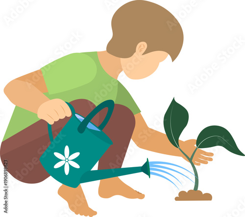 People on a farm. A boy is watering a plant in a garden bed. Agriculture, farm work. Vector, isolated