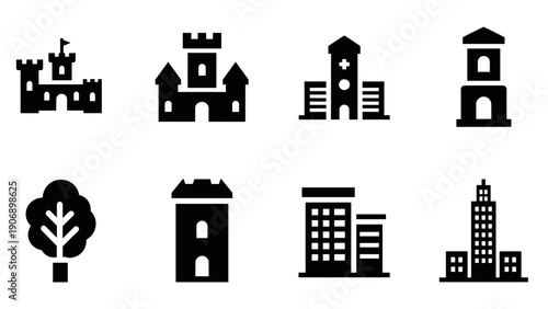 Icon set featuring castles, towers, trees, and modern buildings