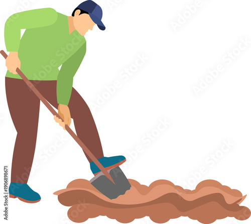 People on a farm. A man is digging the ground. Agriculture, farm work. Vector, isolated