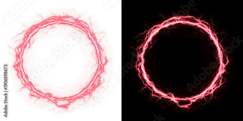 Foto Powerful red electric lightning circle frame showing dangerous high voltage ener