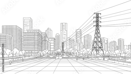 Urban cityscape with power lines and skyscrapers in linear style