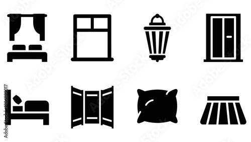 Minimalist silhouette icons of bedroom furniture and decor elements