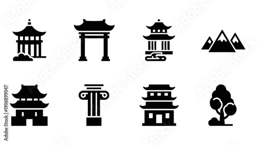 Minimalist asian architecture and nature icons: temples, pagodas, mountains, trees