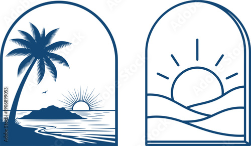 Tropical Beach Palm Tree and Sunrise Landscape Arch Shape Line Art Vector Illustration Set for Travel Nature Sticker Tshirt Print