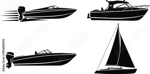 Set of four black silhouette boat illustrations including speedboat, cabin cruiser, and sailboat, graphic design for nautical and transport referenceSet of four black silhouette boat 