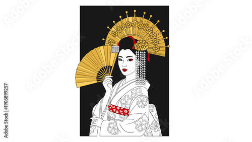 Traditional japanese geisha with golden fan and elaborate headdress on black background