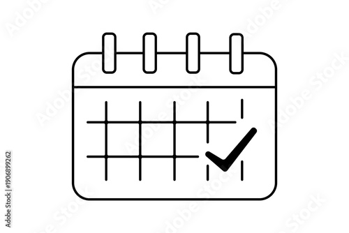 The image features a black and white vector illustration of a flip-style calendar. It consists of a rounded rectangular frame with four binding rings at the top.