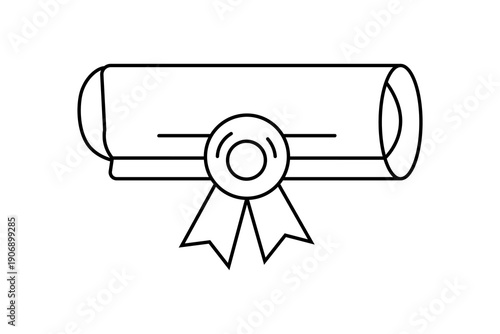 The image features a black and white vector illustration of a rolled-up scroll, commonly identified as a diploma.