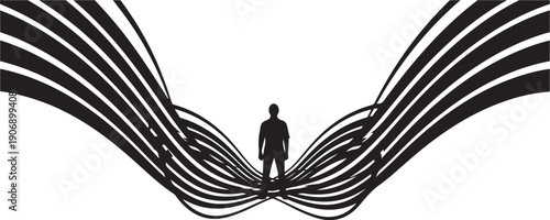 Man standing alone with abstract lines and curves around him