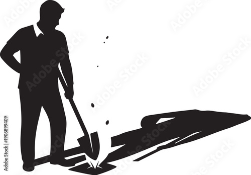 Man digging hole with shovel in black silhouette style