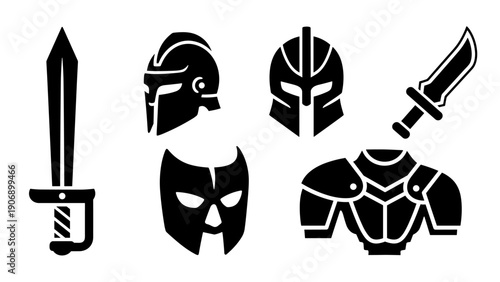 Silhouette warrior gear: helmets, sword, mask, and breastplate set
