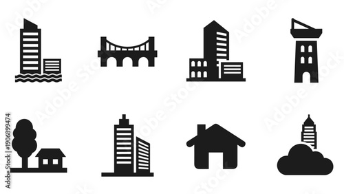 Urban silhouette icons set featuring buildings and structures