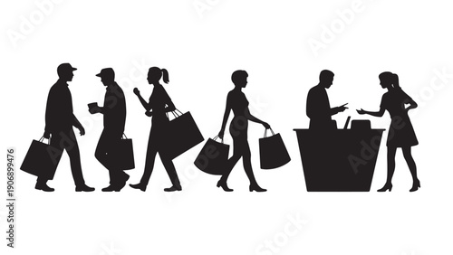 Diverse shoppers with bags and a cashier in a store, illustrating retail, commerce, and customer service in a clean silhouette style.