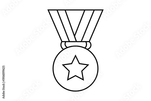 This image is a black and white vector icon representing a medal of achievement. It consists of a circular medallion featuring a five-pointed star in the center.