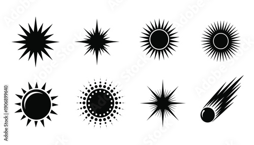 Minimalist Star Burst and Sun Icon Set with Diverse Radiant Designs Vector
