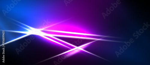 Bright light streaks radiate from center. Blue, purple hues dominate dark background. Abstract energy flows visually.