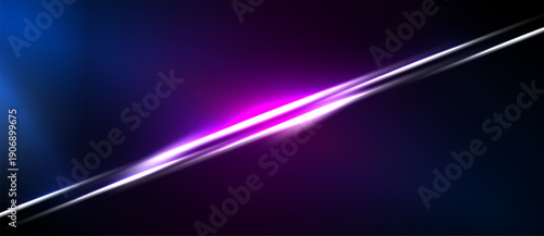 Abstract background features vibrant blue, purple light streaks. Diagonal line creates dynamic visual impact. Dark areas emphasize luminosity.