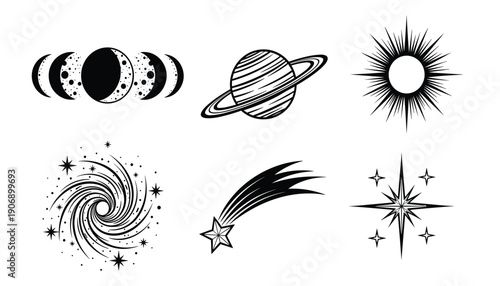 Minimalist Astronomical Icons with Galaxy Spiral Comet and Star Illustrations