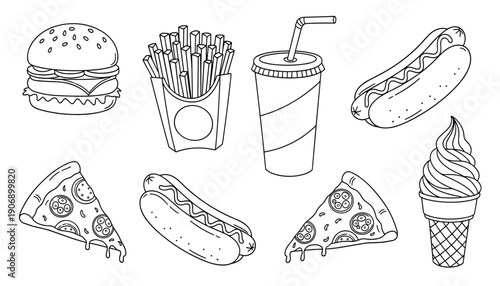 Hand Drawn Fast Food Collection with Burger Fries Pizza and Hot Dog Line Art